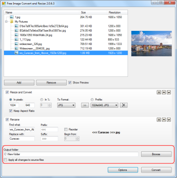 Free Image Convert and Resize: select output folder