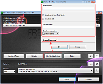 Free 3GP Video Converter: clicca su Nome di output... e forma il pattern del nome di output